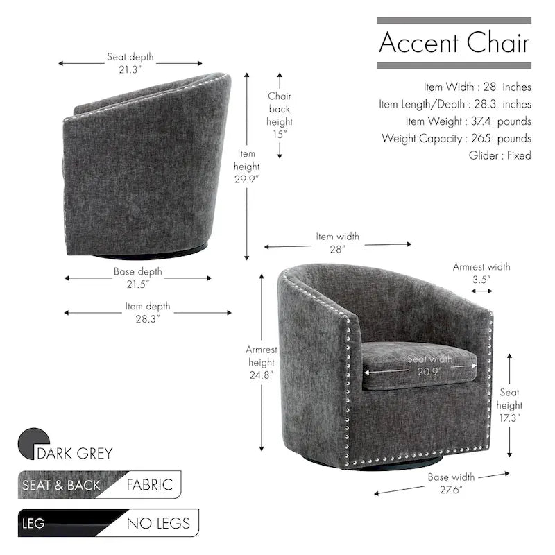 Fabric Swivel Barrel Accent Chair with Nailhead Trim and Removable Cushion
