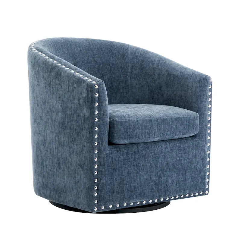 Fabric Swivel Barrel Accent Chair with Nailhead Trim and Removable Cushion