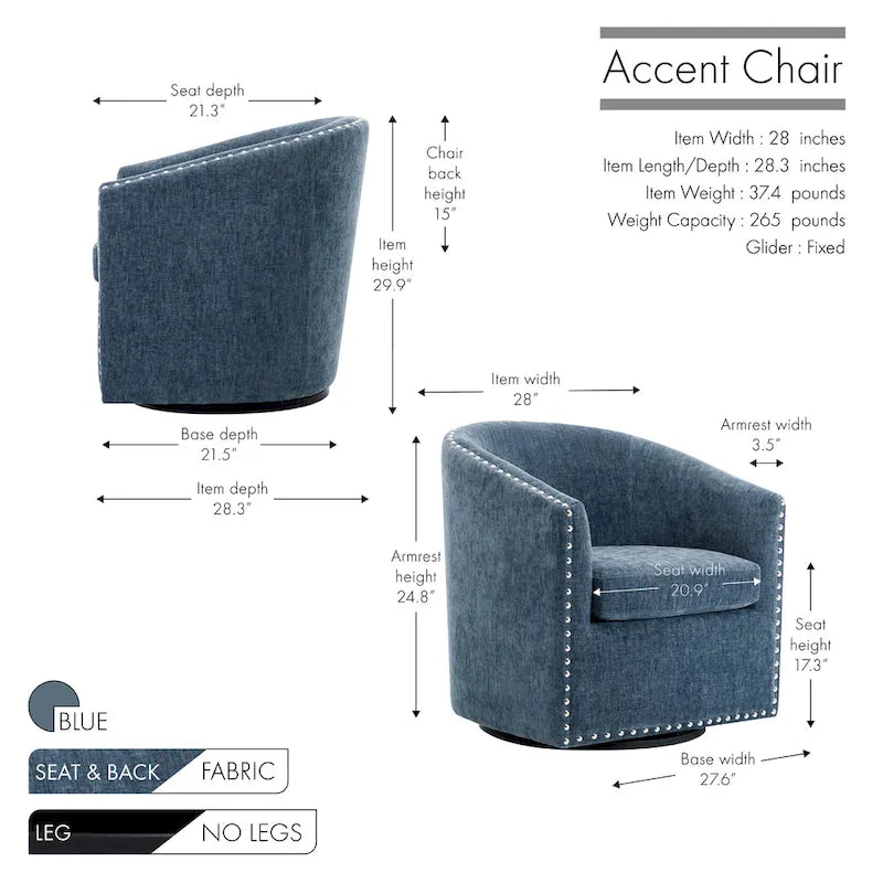 Fabric Swivel Barrel Accent Chair with Nailhead Trim and Removable Cushion