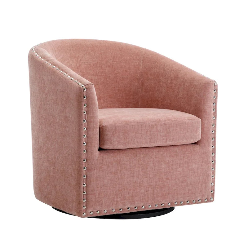 Fabric Swivel Barrel Accent Chair with Nailhead Trim and Removable Cushion