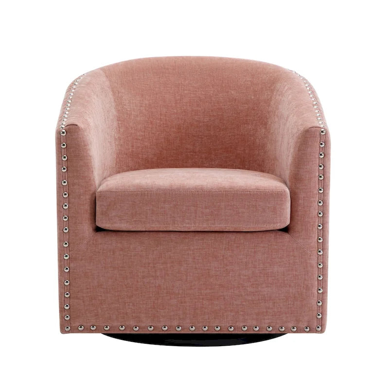 Fabric Swivel Barrel Accent Chair with Nailhead Trim and Removable Cushion