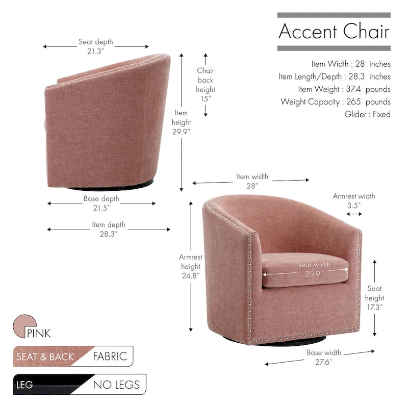 Fabric Swivel Barrel Accent Chair with Nailhead Trim and Removable Cushion