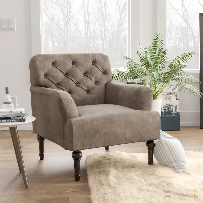 Transitional Vinyl Tufted Wide Accent Chair with T-Cushion and Turned Legs