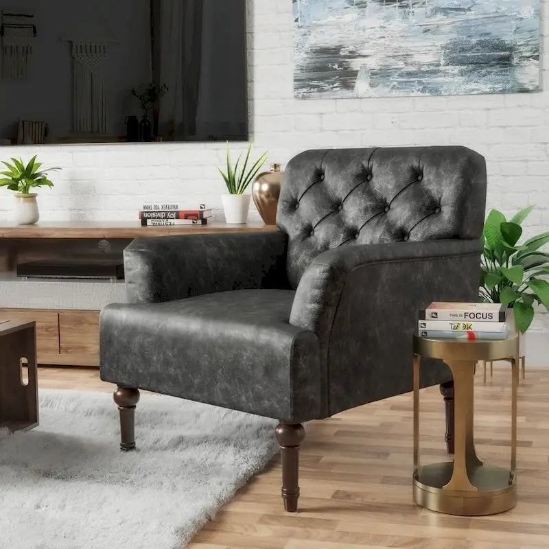 Transitional Vinyl Tufted Wide Accent Chair with T-Cushion and Turned Legs
