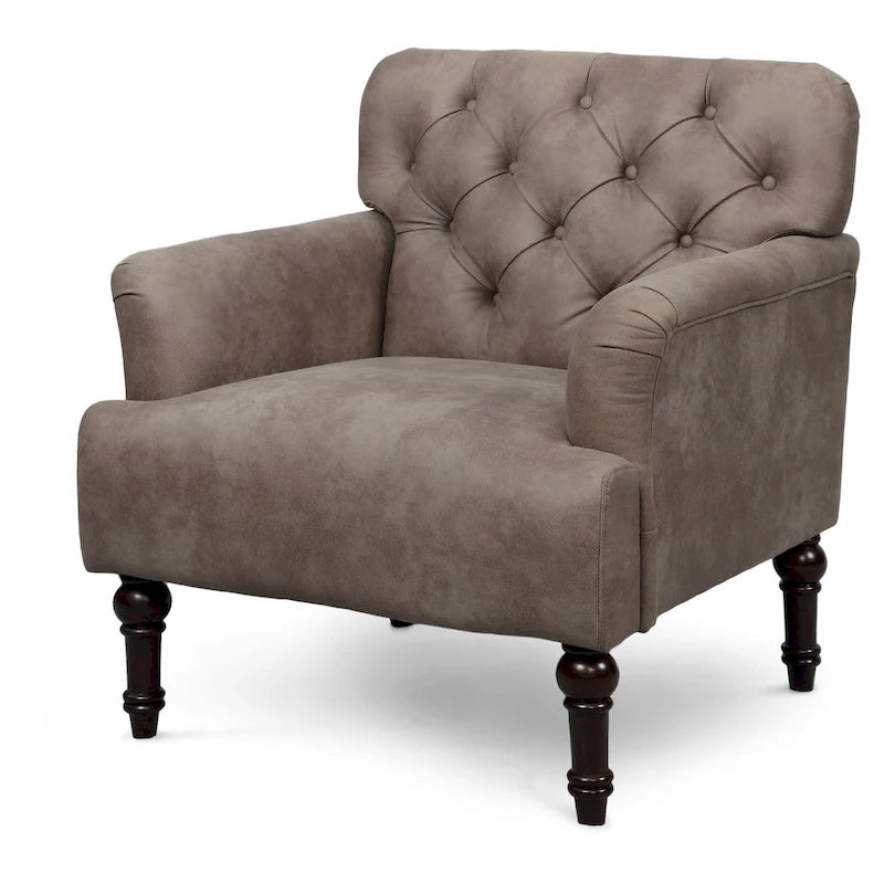 Transitional Vinyl Tufted Wide Accent Chair with T-Cushion and Turned Legs