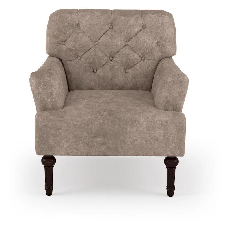 Transitional Vinyl Tufted Wide Accent Chair with T-Cushion and Turned Legs
