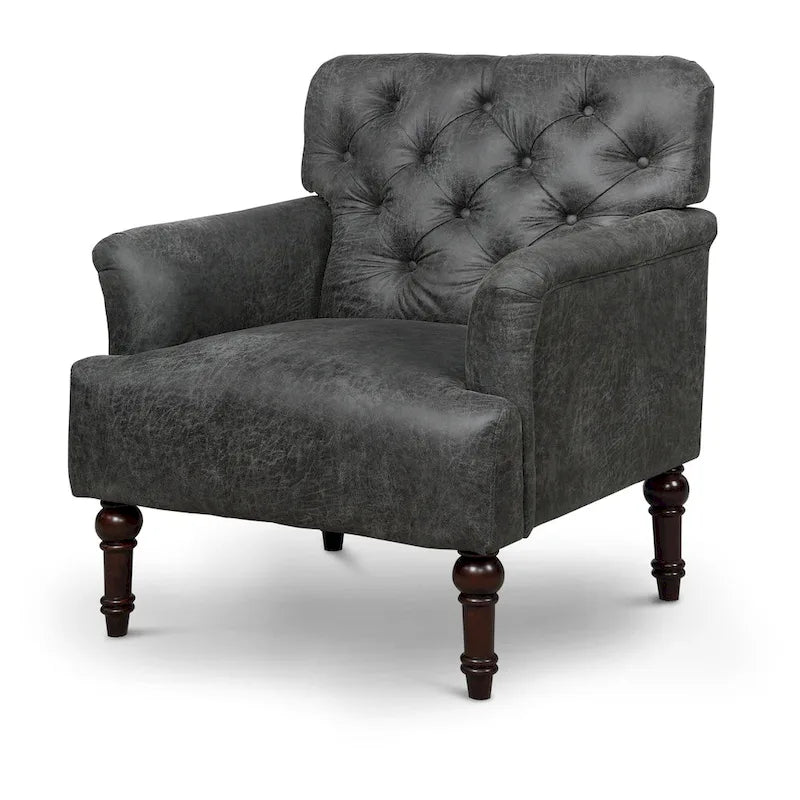 Transitional Vinyl Tufted Wide Accent Chair with T-Cushion and Turned Legs