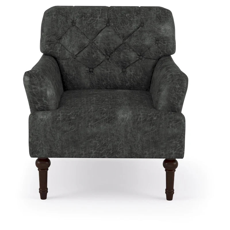 Transitional Vinyl Tufted Wide Accent Chair with T-Cushion and Turned Legs