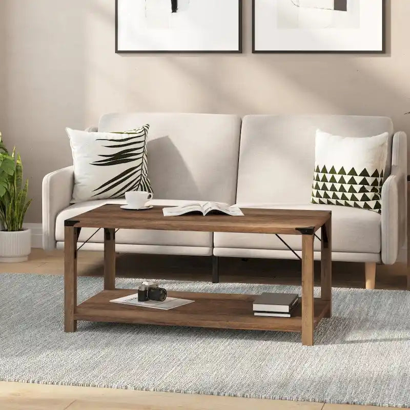 2-Tier Farmhouse Coffee Table with Metal Braces and Corner Caps
