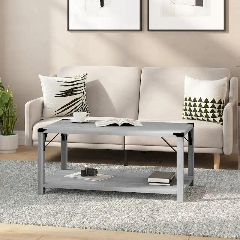 2-Tier Farmhouse Coffee Table with Metal Braces and Corner Caps