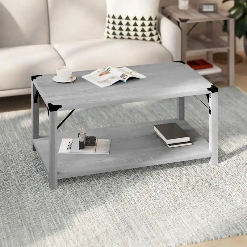 2-Tier Farmhouse Coffee Table with Metal Braces and Corner Caps