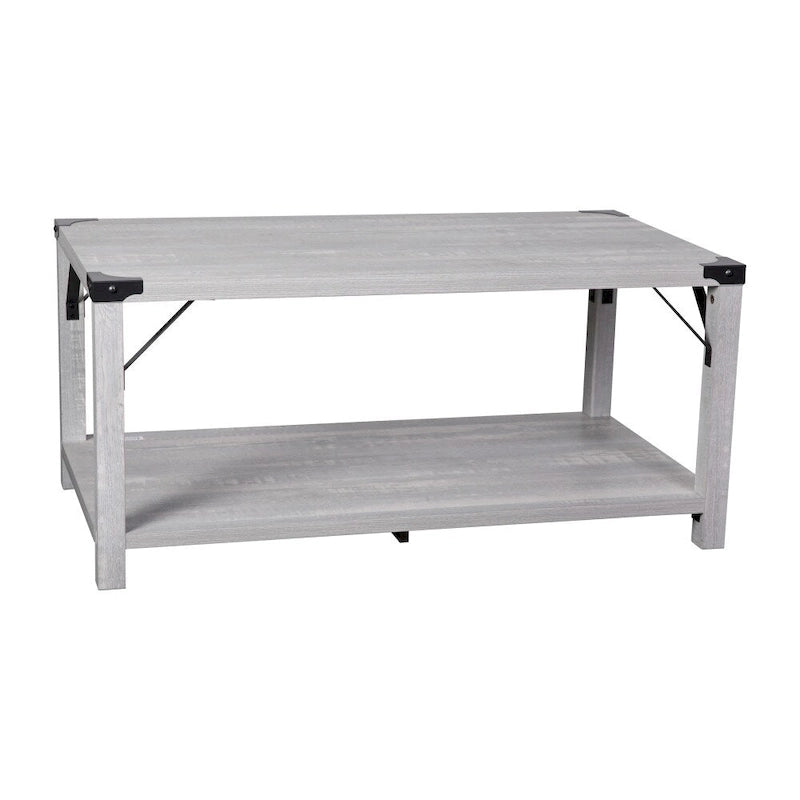 2-Tier Farmhouse Coffee Table with Metal Braces and Corner Caps
