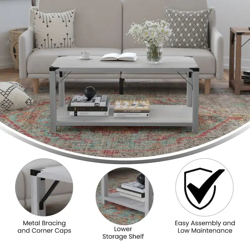 2-Tier Farmhouse Coffee Table with Metal Braces and Corner Caps