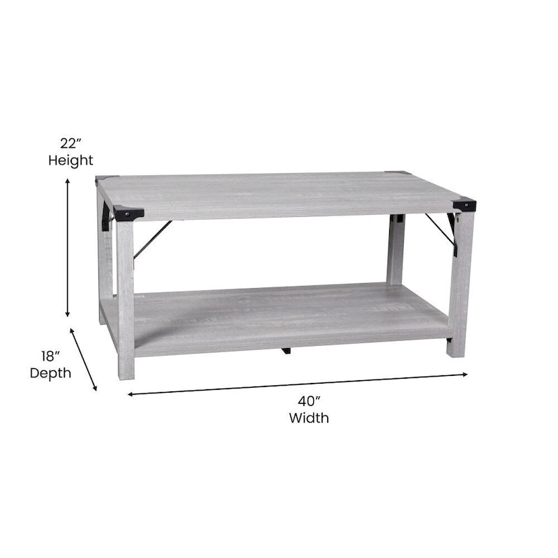 2-Tier Farmhouse Coffee Table with Metal Braces and Corner Caps