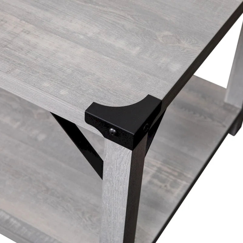 2-Tier Farmhouse Coffee Table with Metal Braces and Corner Caps