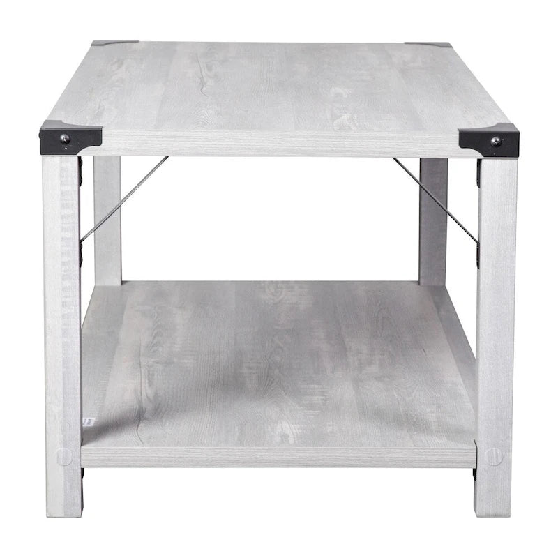 2-Tier Farmhouse Coffee Table with Metal Braces and Corner Caps
