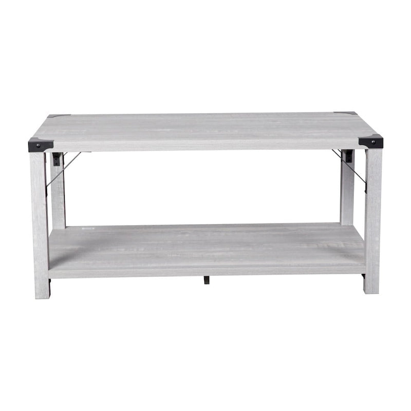 2-Tier Farmhouse Coffee Table with Metal Braces and Corner Caps
