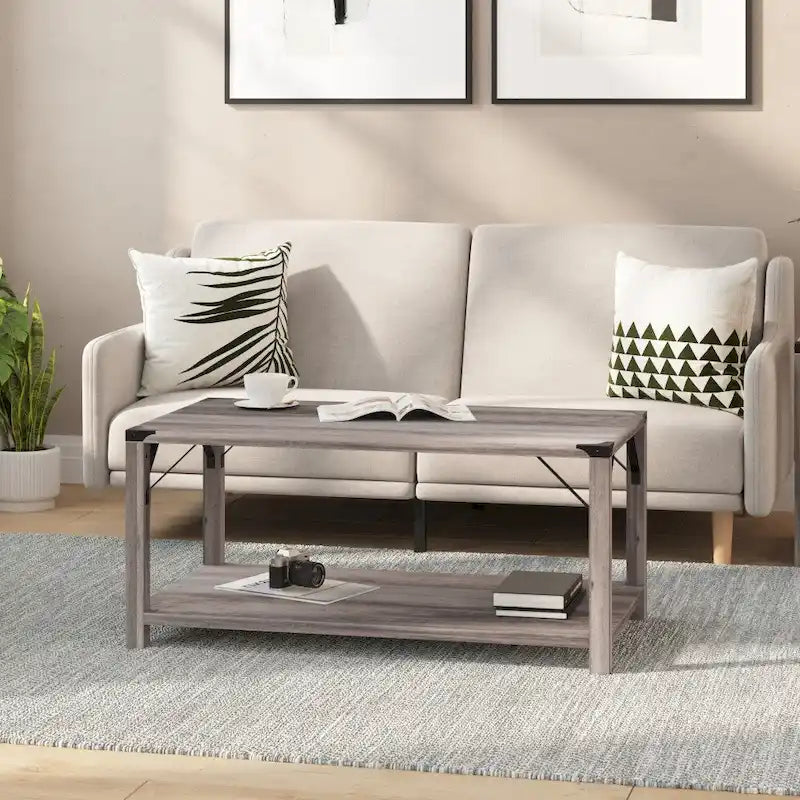 2-Tier Farmhouse Coffee Table with Metal Braces and Corner Caps