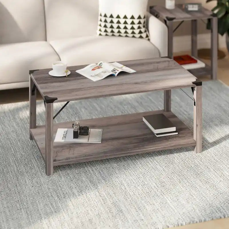 2-Tier Farmhouse Coffee Table with Metal Braces and Corner Caps