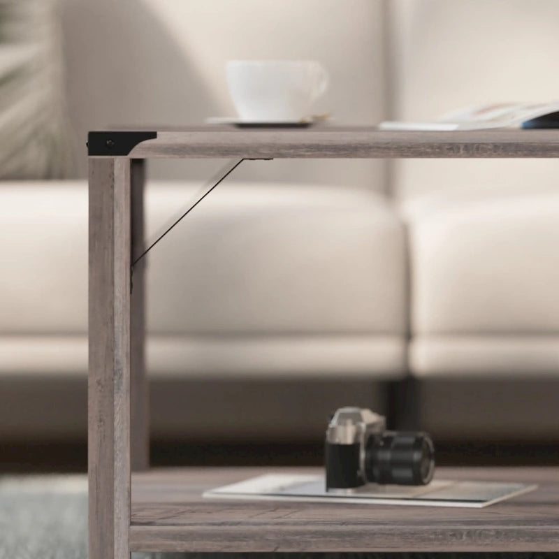 2-Tier Farmhouse Coffee Table with Metal Braces and Corner Caps