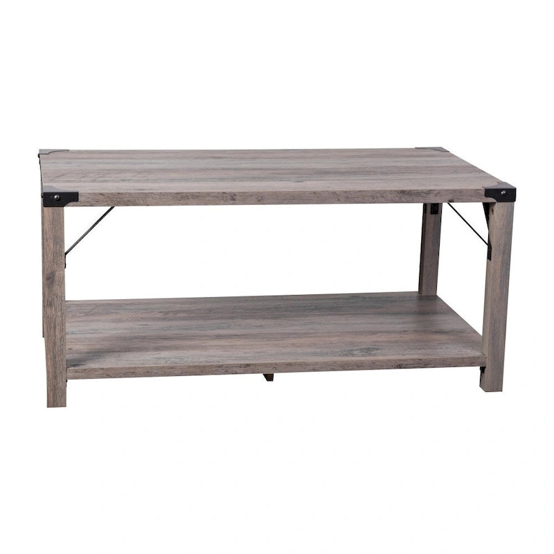 2-Tier Farmhouse Coffee Table with Metal Braces and Corner Caps