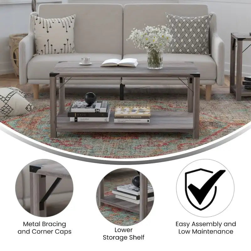 2-Tier Farmhouse Coffee Table with Metal Braces and Corner Caps