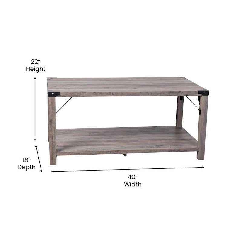 2-Tier Farmhouse Coffee Table with Metal Braces and Corner Caps