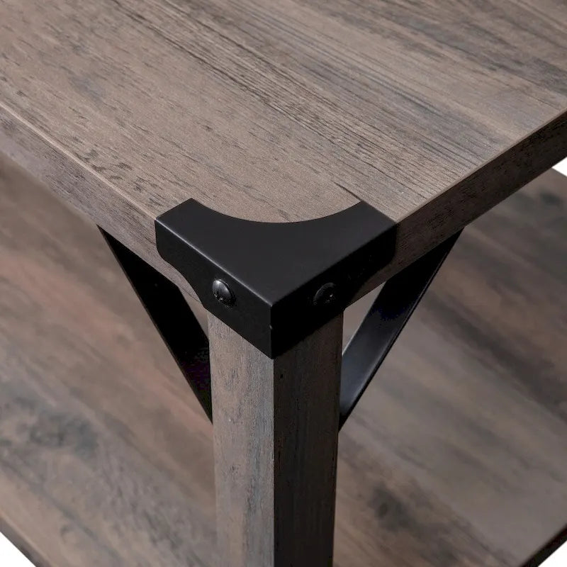 2-Tier Farmhouse Coffee Table with Metal Braces and Corner Caps