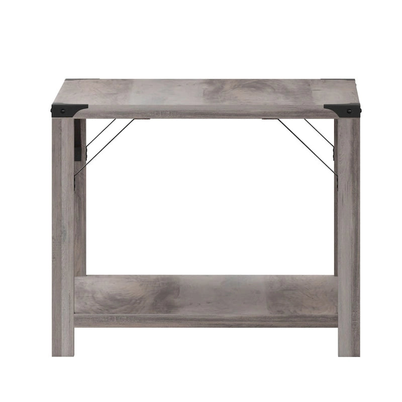 2-Tier Farmhouse Coffee Table with Metal Braces and Corner Caps