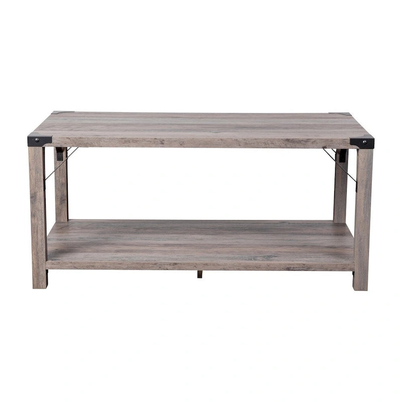 2-Tier Farmhouse Coffee Table with Metal Braces and Corner Caps