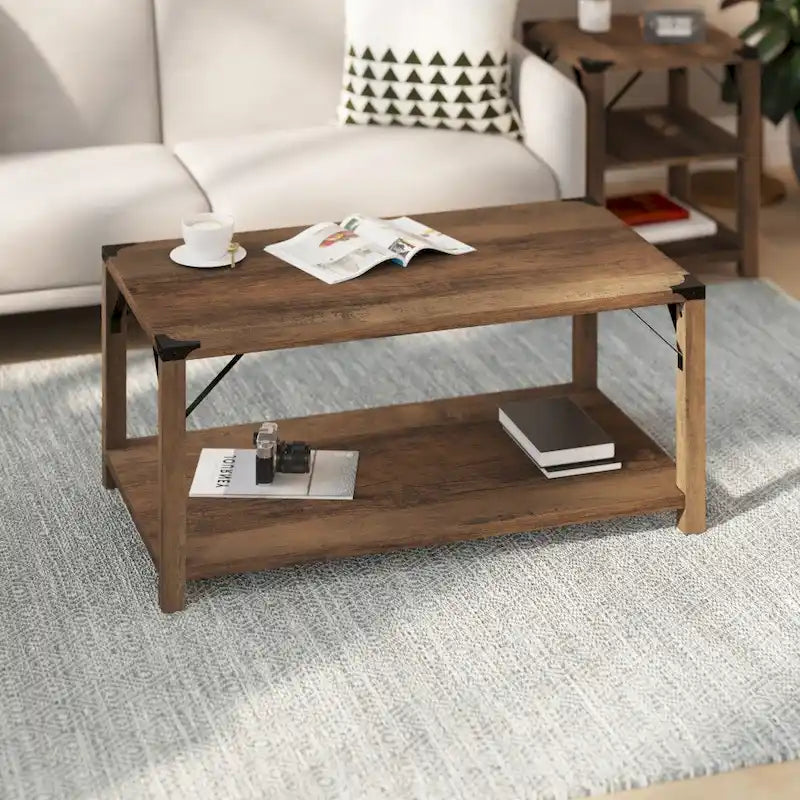 2-Tier Farmhouse Coffee Table with Metal Braces and Corner Caps