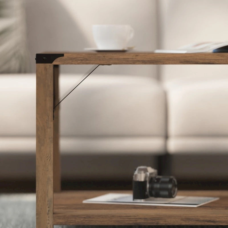 2-Tier Farmhouse Coffee Table with Metal Braces and Corner Caps