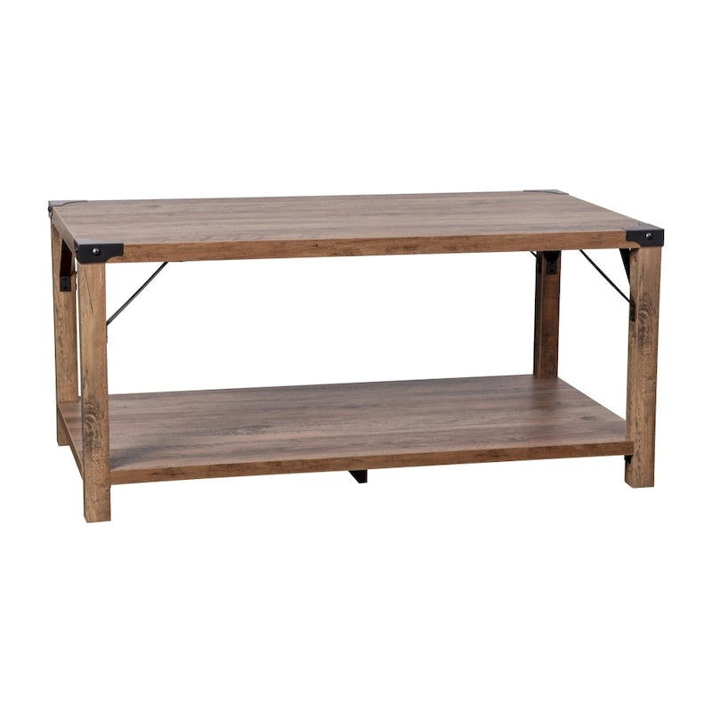 2-Tier Farmhouse Coffee Table with Metal Braces and Corner Caps