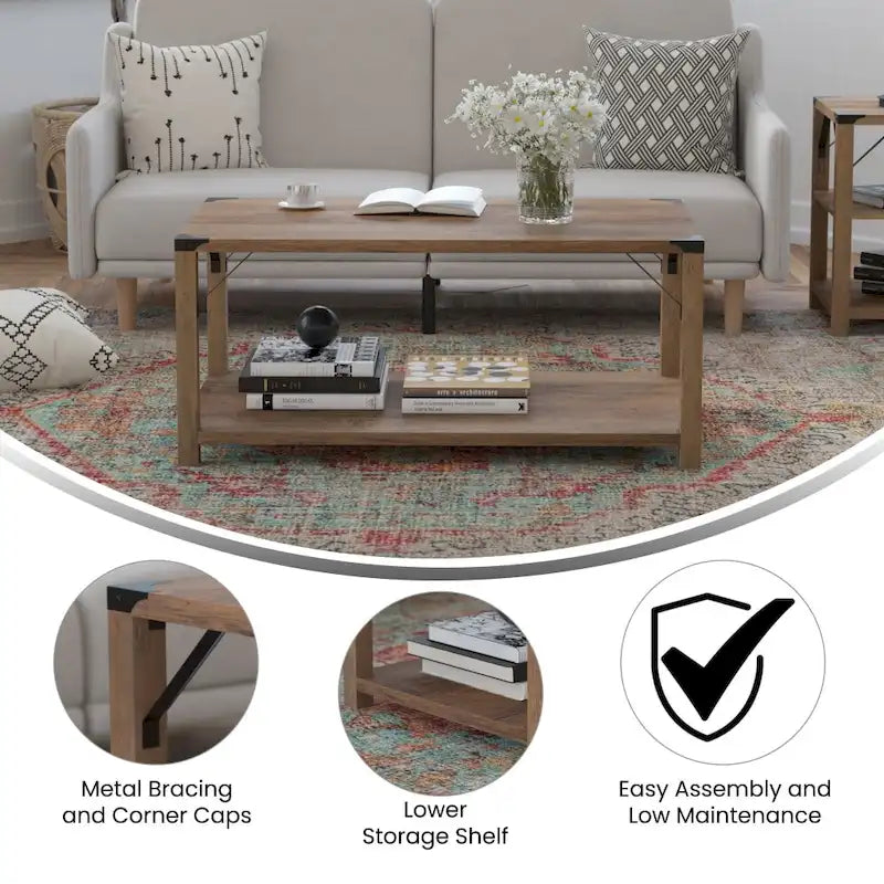 2-Tier Farmhouse Coffee Table with Metal Braces and Corner Caps
