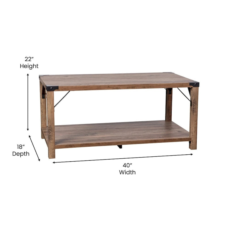 2-Tier Farmhouse Coffee Table with Metal Braces and Corner Caps