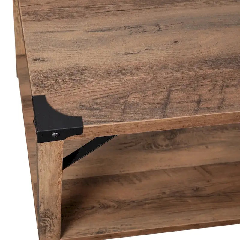 2-Tier Farmhouse Coffee Table with Metal Braces and Corner Caps