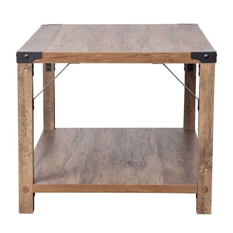 2-Tier Farmhouse Coffee Table with Metal Braces and Corner Caps
