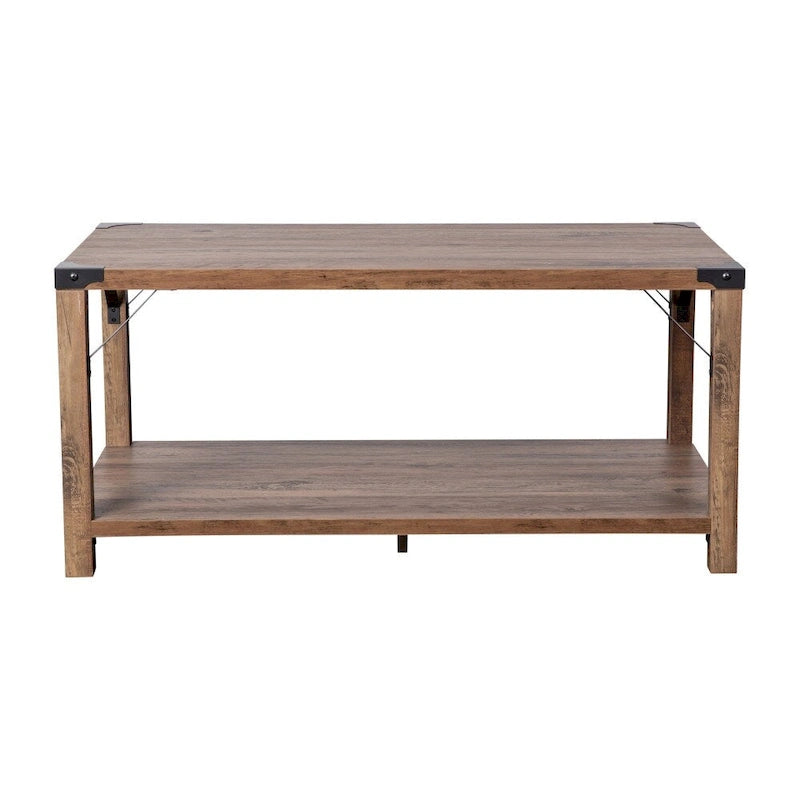 2-Tier Farmhouse Coffee Table with Metal Braces and Corner Caps