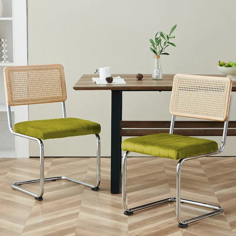 Mid-Century Modern Velvet and Rattan Dining Chairs with S-Frame, Set of 2 or 4
