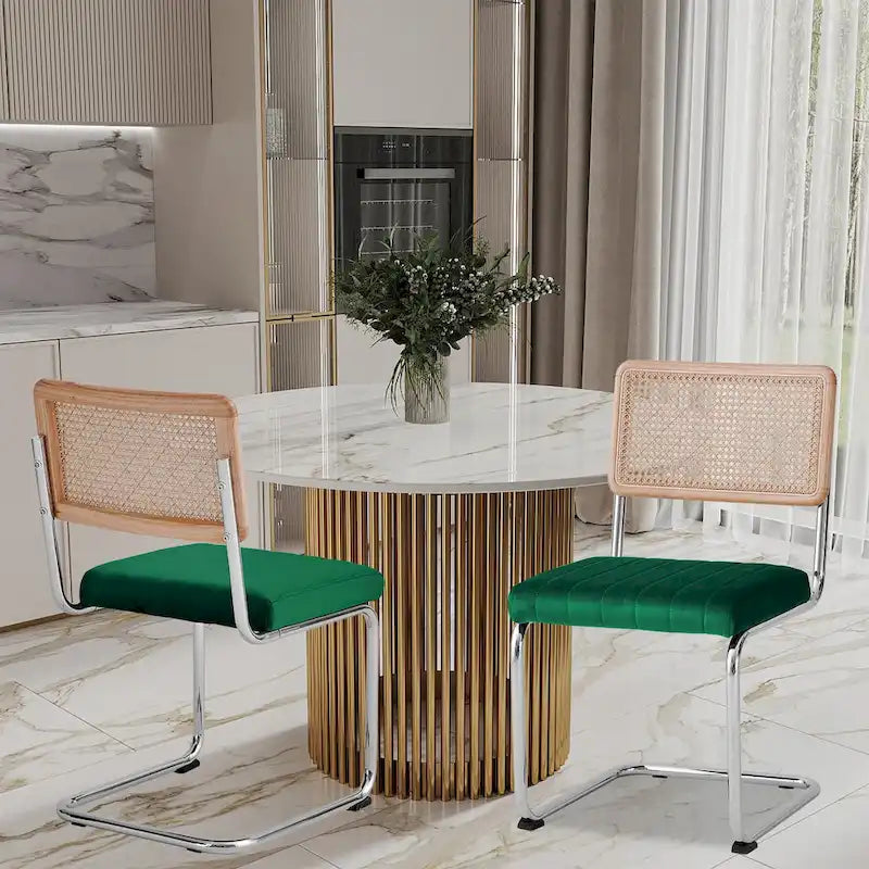 Mid-Century Modern Velvet and Rattan Dining Chairs with S-Frame, Set of 2 or 4