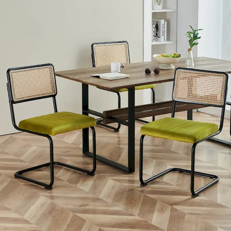 Mid-Century Modern Velvet and Rattan Dining Chairs with S-Frame, Set of 2 or 4