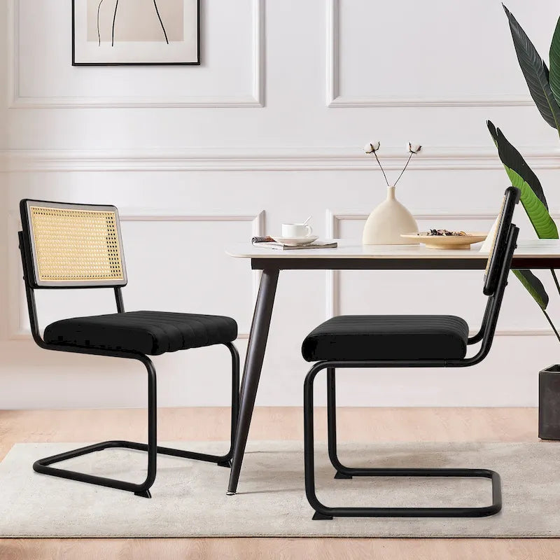 Mid-Century Modern Velvet and Rattan Dining Chairs with S-Frame, Set of 2 or 4