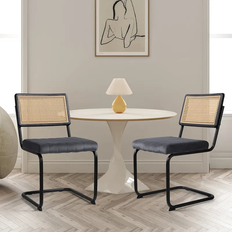 Mid-Century Modern Velvet and Rattan Dining Chairs with S-Frame, Set of 2 or 4