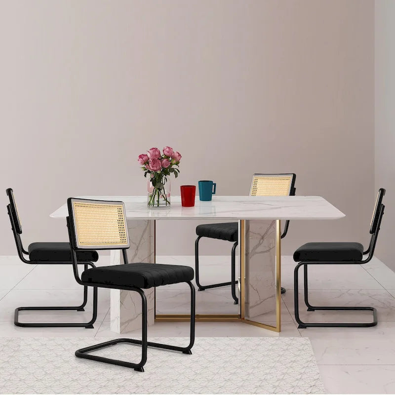 Mid-Century Modern Velvet and Rattan Dining Chairs with S-Frame, Set of 2 or 4