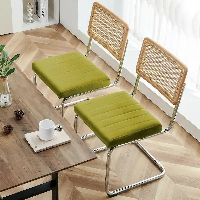 Mid-Century Modern Velvet and Rattan Dining Chairs with S-Frame, Set of 2 or 4