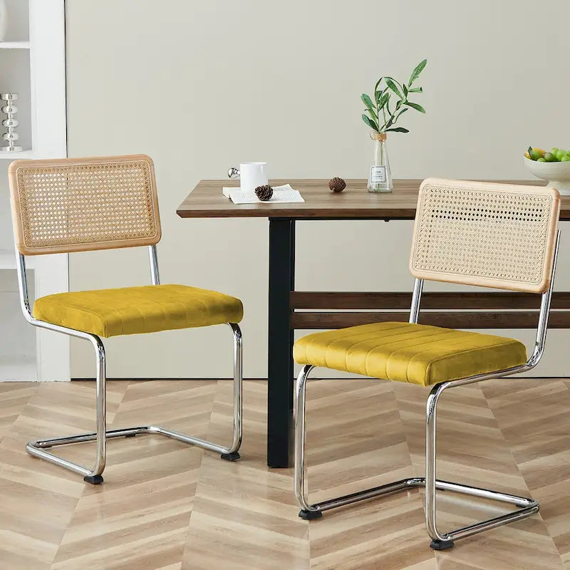 Mid-Century Modern Velvet and Rattan Dining Chairs with S-Frame, Set of 2 or 4