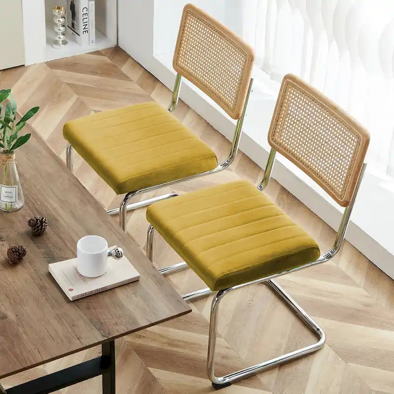 Mid-Century Modern Velvet and Rattan Dining Chairs with S-Frame, Set of 2 or 4