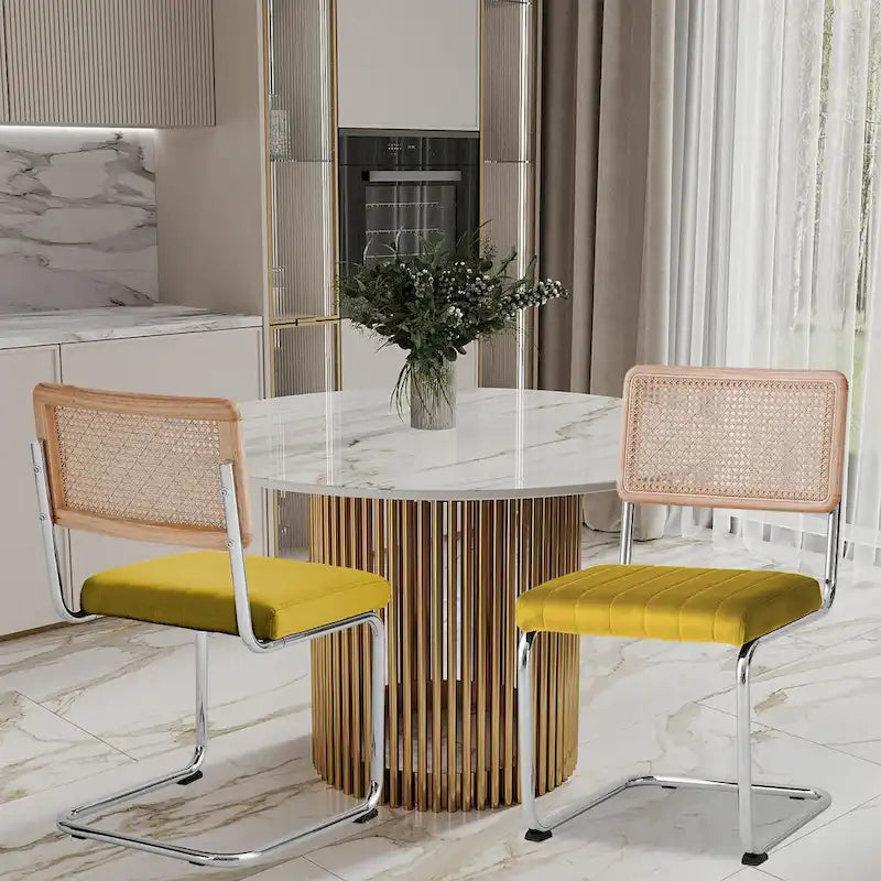 Mid-Century Modern Velvet and Rattan Dining Chairs with S-Frame, Set of 2 or 4