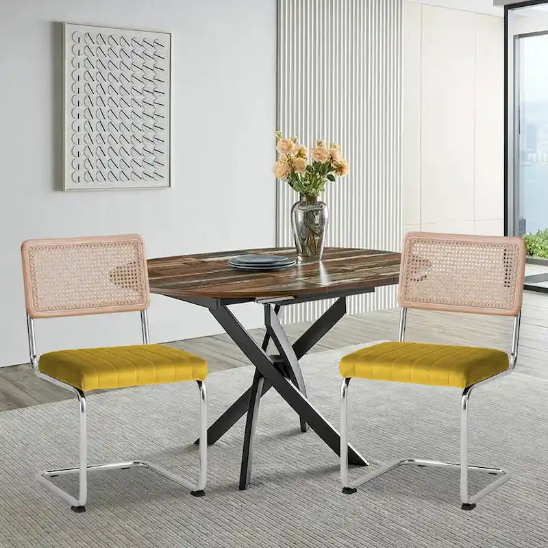 Mid-Century Modern Velvet and Rattan Dining Chairs with S-Frame, Set of 2 or 4