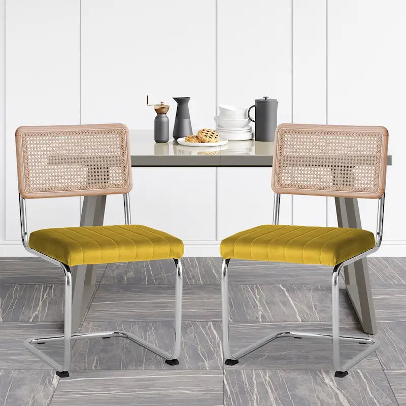 Mid-Century Modern Velvet and Rattan Dining Chairs with S-Frame, Set of 2 or 4